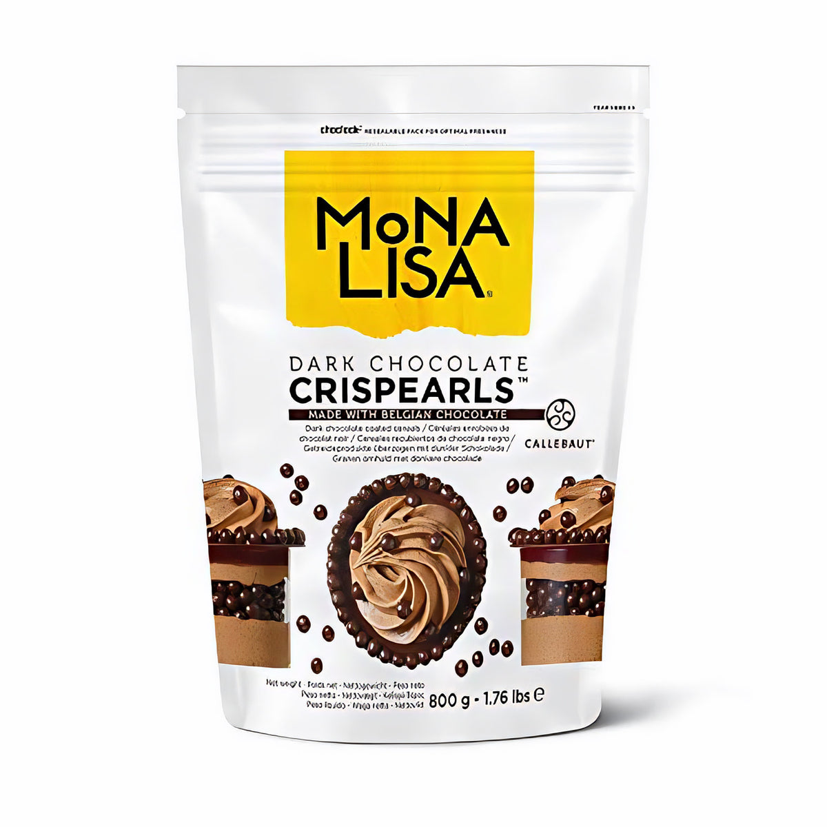 Mona Lisa Crispearls wiederverschließbarer 800g Beutel mit gelbem Logo, Produktabbildung und Dekorationsvorschlägen auf der Verpackung.