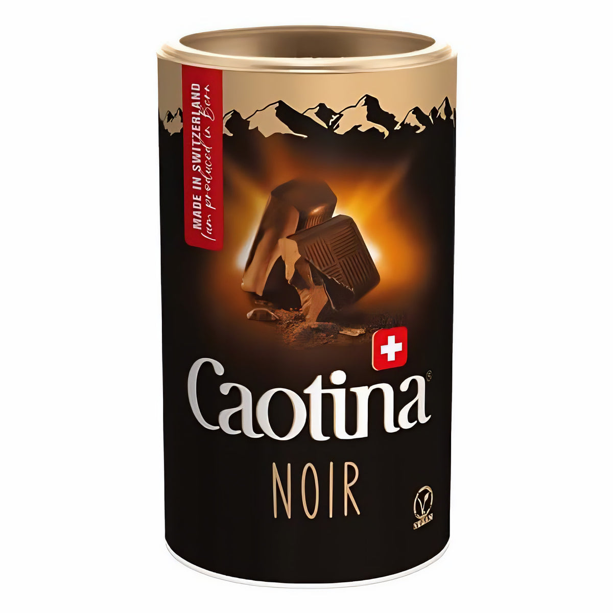 Dose Caotina Noir dunkle Trinkschokolade 450g mit Abbildung von dunkler Schweizer Schokolade und Bergsilhouette auf schwarzem Hintergrund