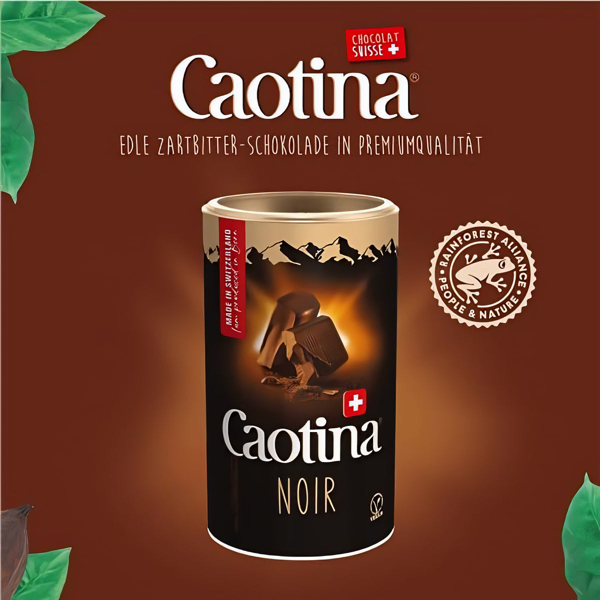 Caotina Noir Kakao-Pulver 450g vor braunem Hintergrund mit Rainforest Alliance Siegel und Text zur Zartbitter-Schokolade