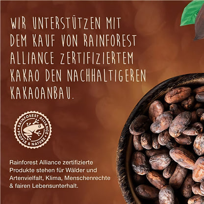 Kakaobohnen in einer Schale, daneben Text zu nachhaltigem und zertifiziertem Kakaoanbau für Caotina Noir dunkle Trinkschokolade