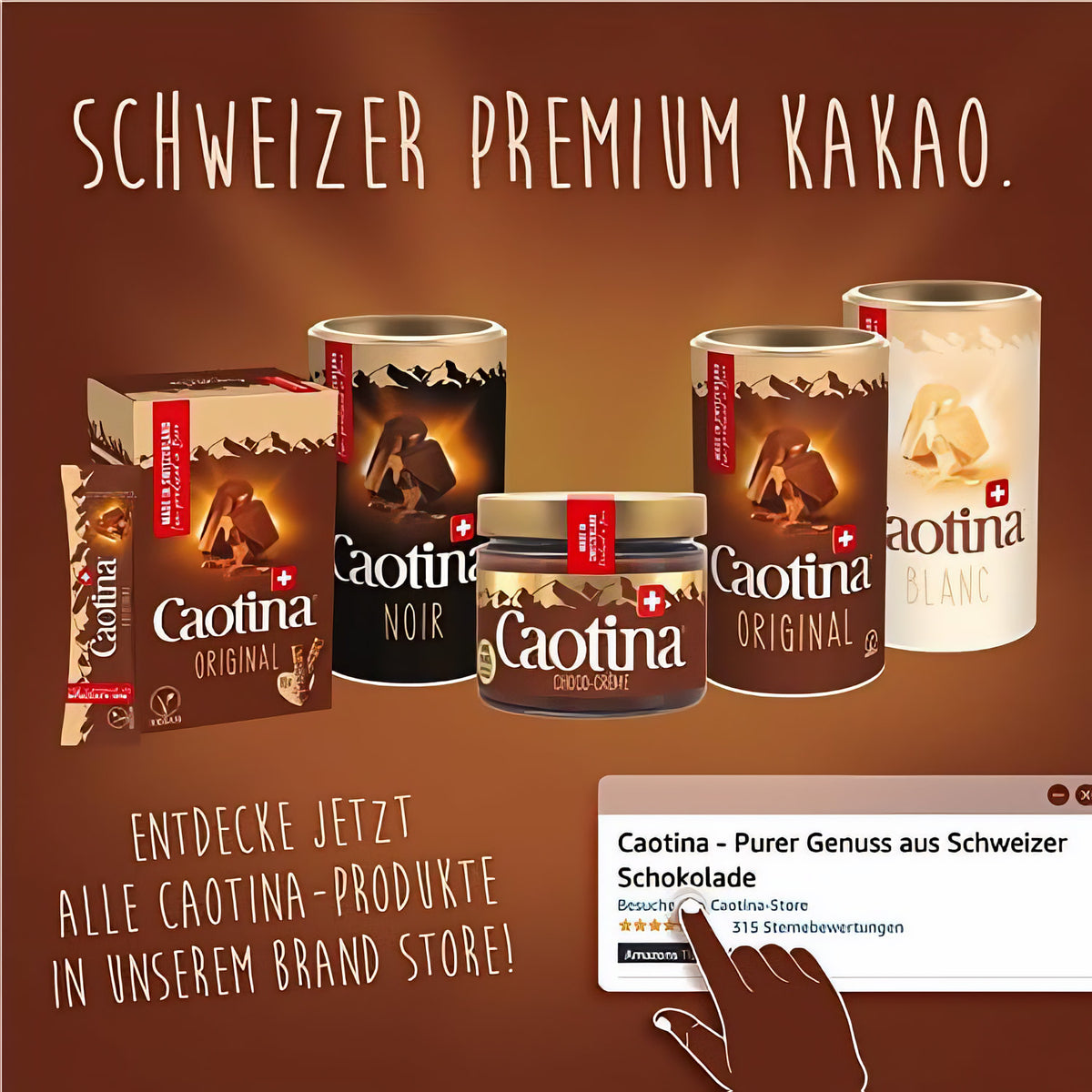 Sortiment verschiedener Caotina Produkte, darunter Noir dunkle Trinkschokolade 450g, Original und Blanc, auf braunem Hintergrund