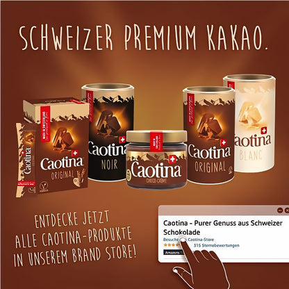 Sortiment verschiedener Caotina Produkte, darunter Noir dunkle Trinkschokolade 450g, Original und Blanc, auf braunem Hintergrund