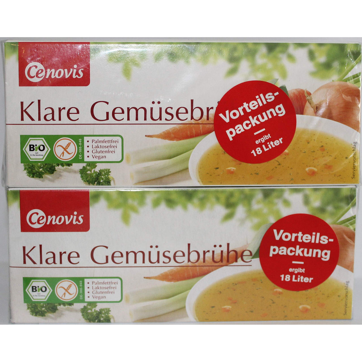 Cenovis Klare Gemüsebrühe Doppelpack, Vorderseite mit Bio-Logo, Zutatenabbildung und rotem Hinweis auf 18 Liter Brühe.
