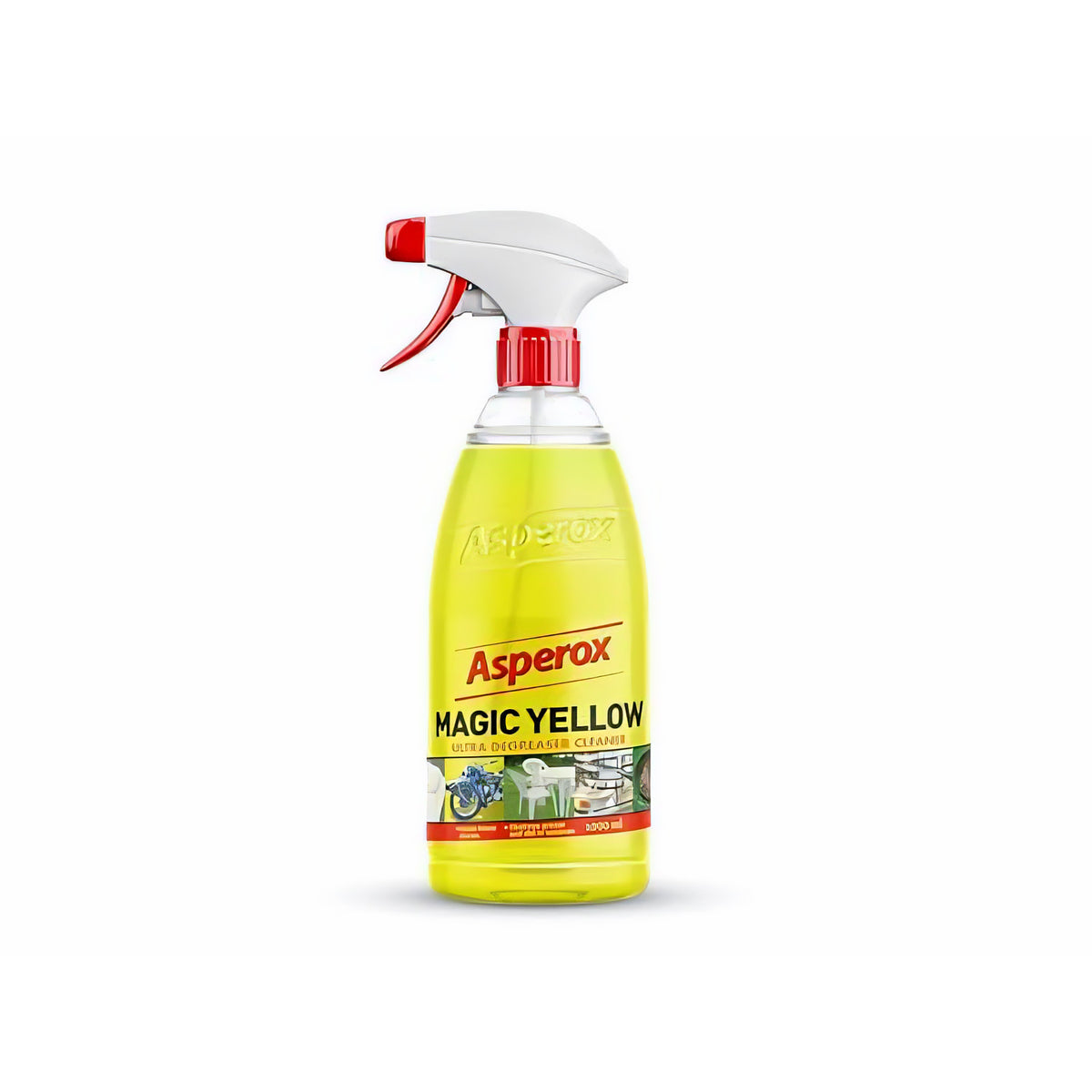 Asperox Fettlöser Ultra Degreaser Cleaner Sprayflasche mit gelber Flüssigkeit und rotem Sprühkopf, frontal vor weißem Hintergrund stehend.