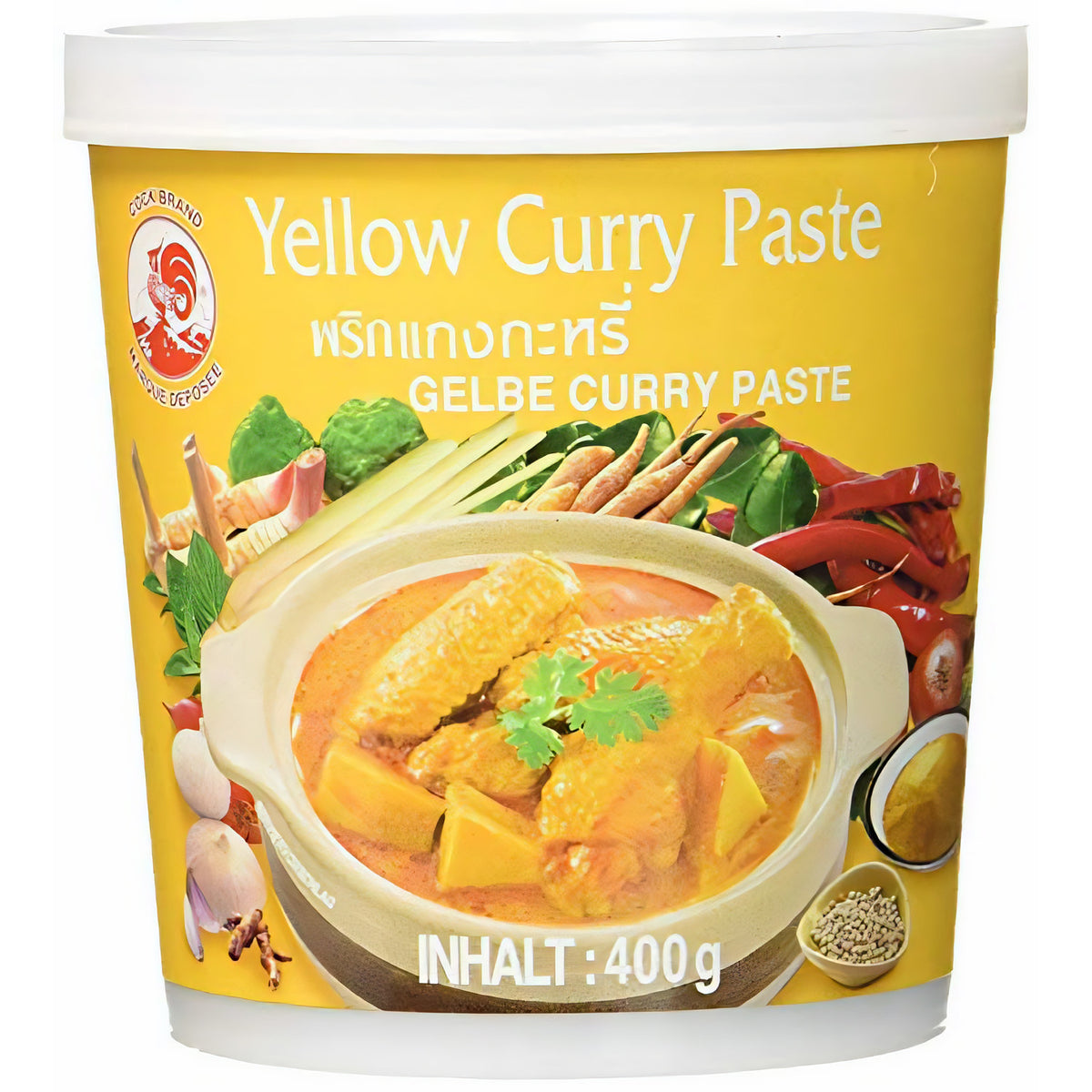 Gelbe Dose Cock Brand Yellow Curry Paste 400g, Nahaufnahme mit Abbildung eines gelben Currys und Zutaten, asiatische Currypaste für die Thai-Küche.