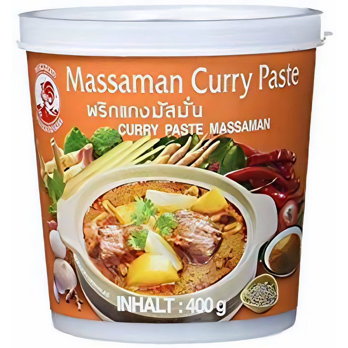 Orange Dose Cock Brand Massaman Curry Paste 400g, Vorderseite mit Bild eines Massaman-Currys und Zutaten, asiatische Currypaste für die Küche.