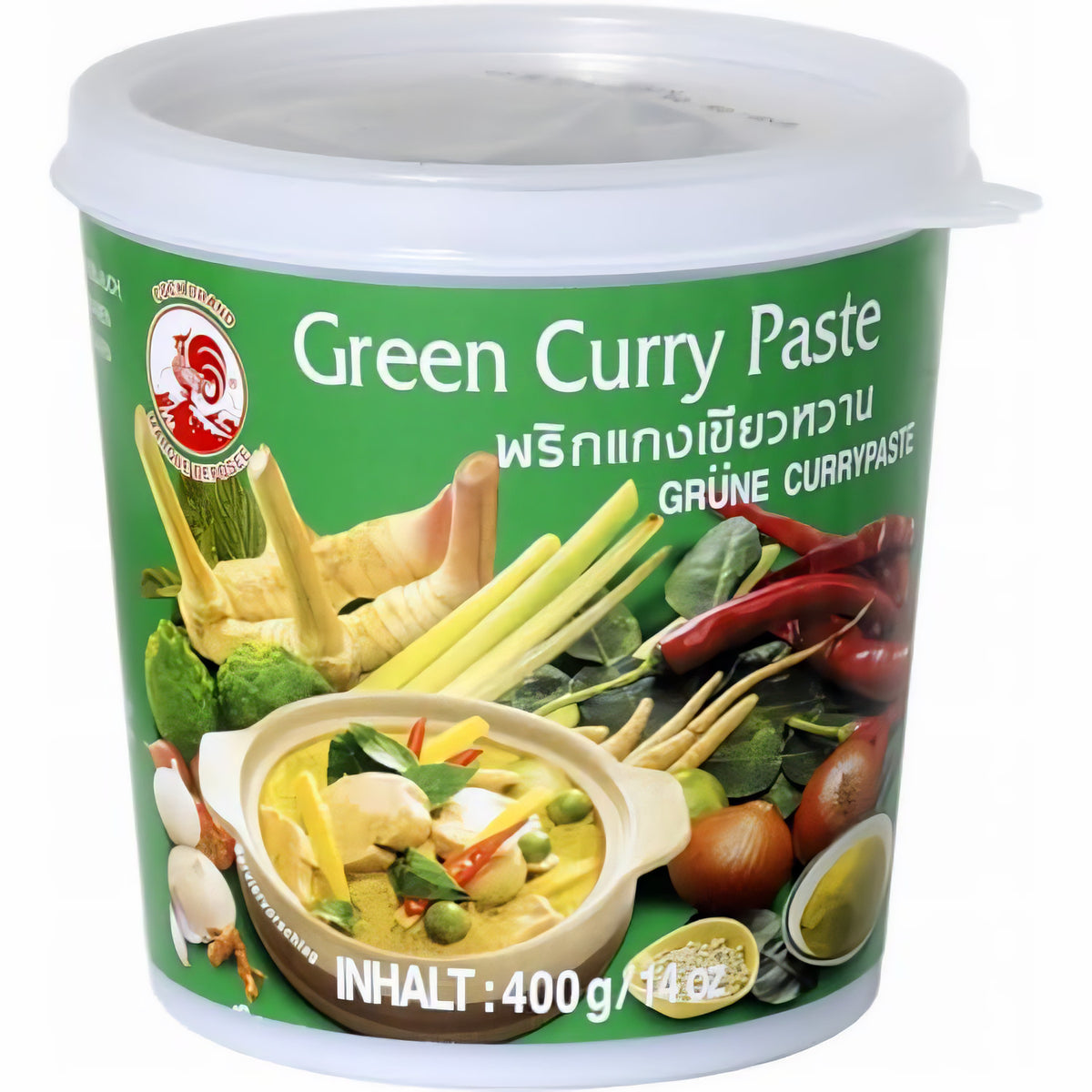 Cock Currypaste grün 400g im runden Kunststoffbecher mit Abbildung von Zutaten und einem servierten Thai-Curry auf dem Etikett