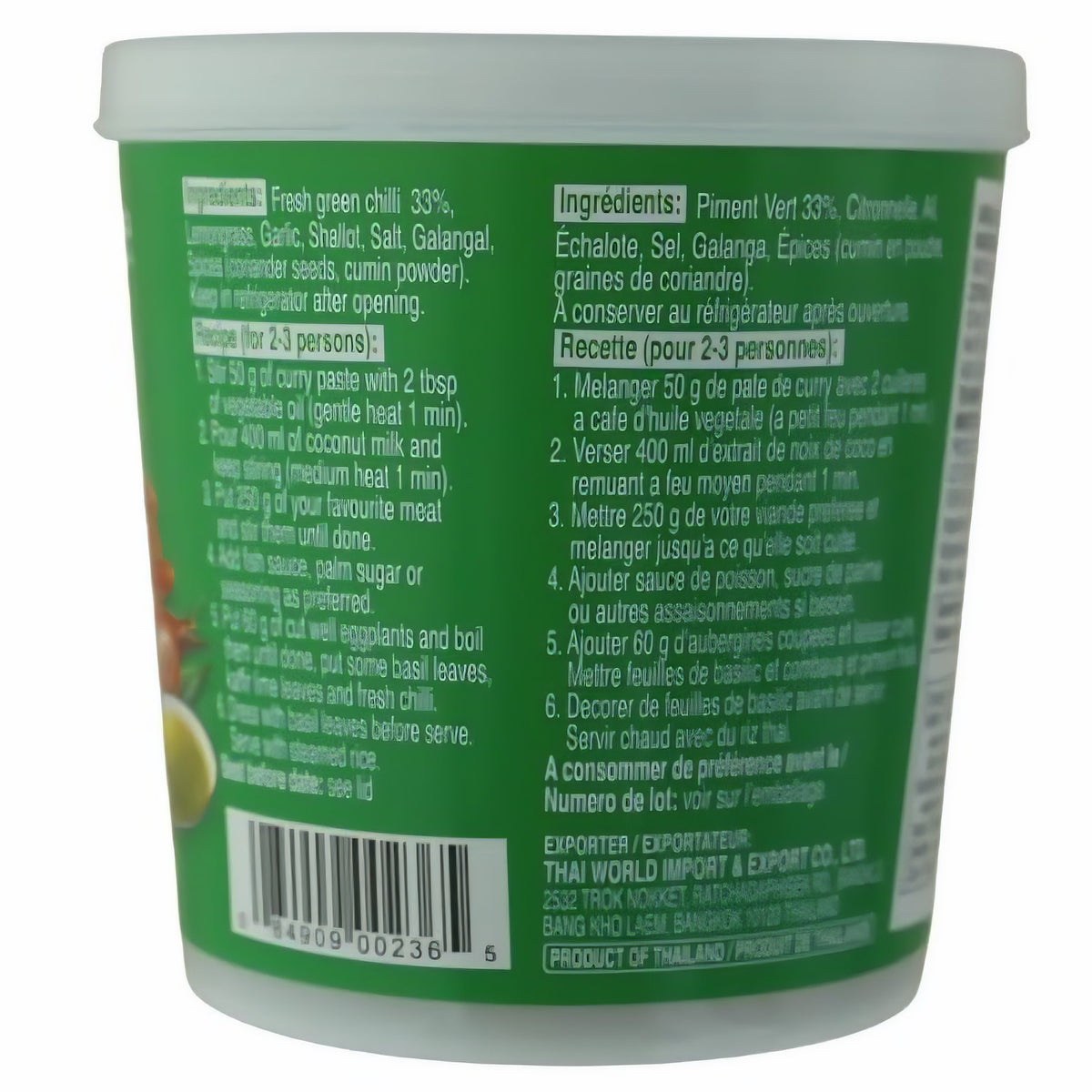 Rückseite der Cock Currypaste grün 400g mit Zutatenliste, Zubereitungshinweisen und Barcode auf grünem Hintergrund
