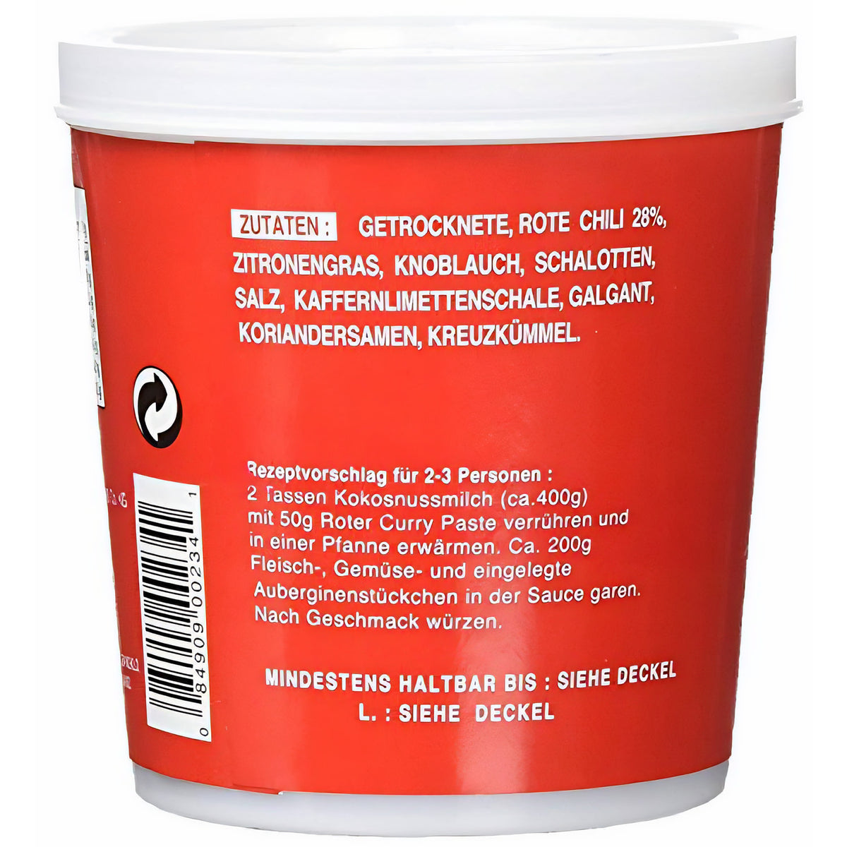 Rückseite der Cock Currypaste 400g mit Zutatenliste, Rezeptvorschlag und Haltbarkeitsangabe auf rotem Hintergrund.