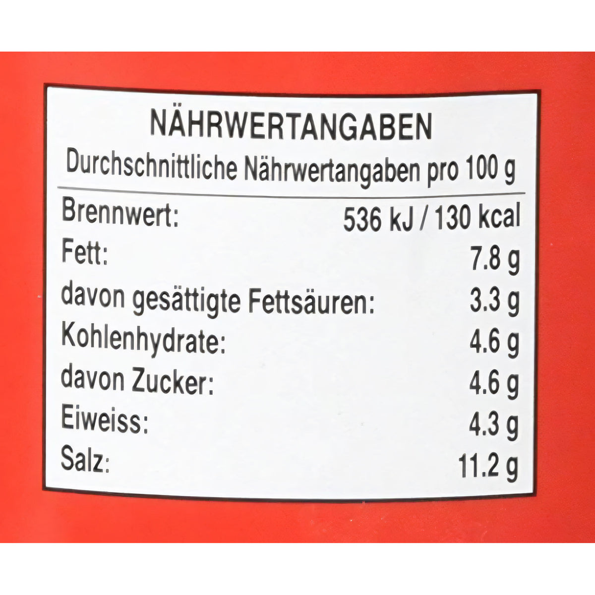 Nährwerttabelle der Cock Rote Currypaste 400g mit Angaben zu Energie, Fett, Kohlenhydraten, Eiweiß und Salz.