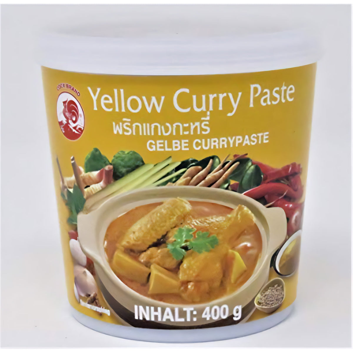 Vorderseite einer Cock Gelbe Currypaste 400g Dose mit Abbildung eines gelben Thai-Currys und Zutaten aus der asiatischen Küche.