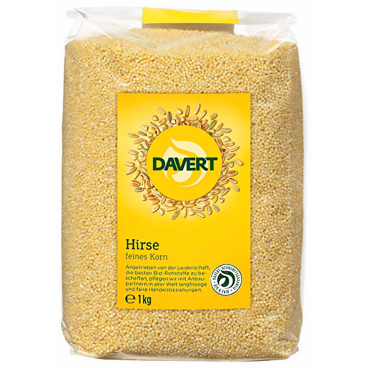 Davert Hirse feines Korn in transparenter 1kg-Packung mit gelbem Etikett, Sicht auf das gelbe Getreide.