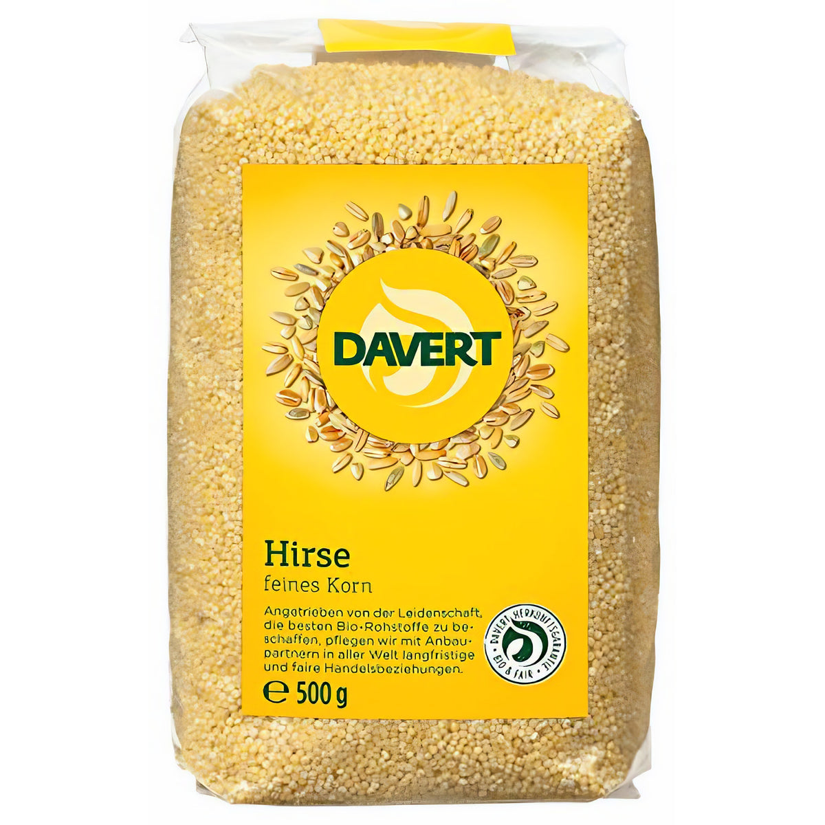 500g-Packung Davert Hirse feines Korn, Vorderseite mit gelbem Etikett und sichtbarem Vollkorn-Getreide.