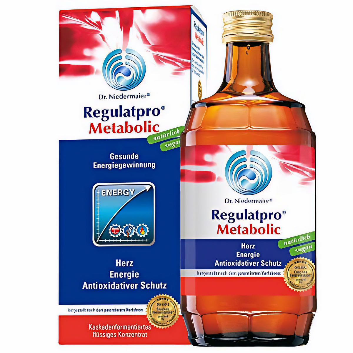 Braune Flasche Regulatpro Metabolic 350ml von Dr. Niedermaier mit Produktverpackung, Etikett mit Hinweis auf antioxidativen Schutz und enthält Magnesium, Mangan sowie Vitamin B.