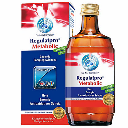 Braune Flasche Regulatpro Metabolic 350ml von Dr. Niedermaier mit Produktverpackung, Etikett mit Hinweis auf antioxidativen Schutz und enthält Magnesium, Mangan sowie Vitamin B.