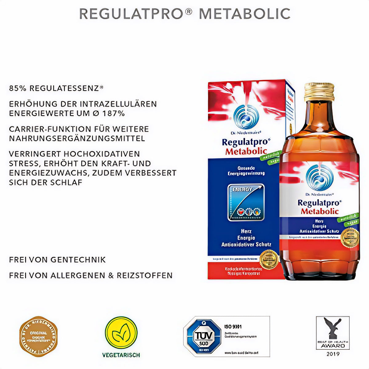 Dr. Niedermaier Regulatpro Metabolic Flasche und Verpackung neben Text zu mehr Energie, antioxidativem Schutz und Hinweisen auf vegetarisches Nahrungsergänzungsmittel.