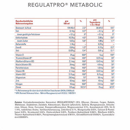 Nährwerttabelle und Zutatenliste für Regulatpro Metabolic 350ml mit Angaben zu Magnesium, Mangan, Vitamin B und weiteren Inhaltsstoffen.