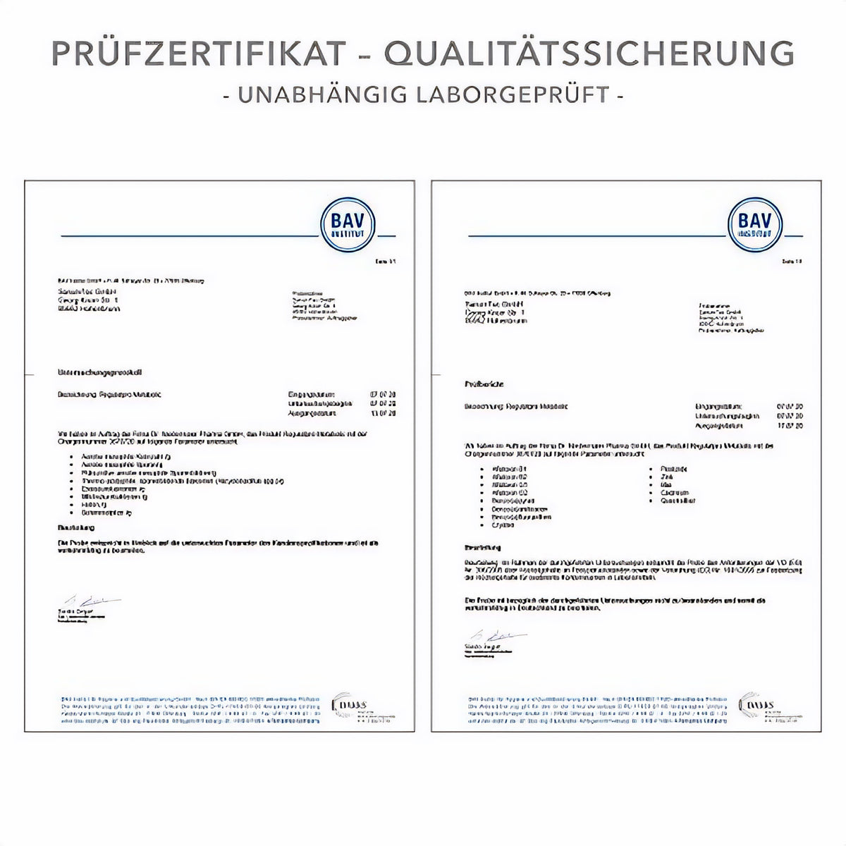 Zwei Prüfberichte als Qualitätsnachweis für das Nahrungsergänzungsmittel Regulatpro Metabolic von Dr. Niedermaier, unabhängig laborgeprüft.
