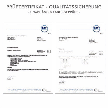 Zwei Prüfberichte als Qualitätsnachweis für das Nahrungsergänzungsmittel Regulatpro Metabolic von Dr. Niedermaier, unabhängig laborgeprüft.