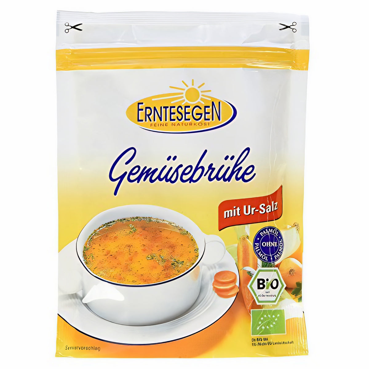 Vorderseite der Erntesegen Bio Gemüsebrühe Packung mit Suppenteller, Karotten und Bio-Siegel, geeignet zum Kochen und Würzen von Suppen.
