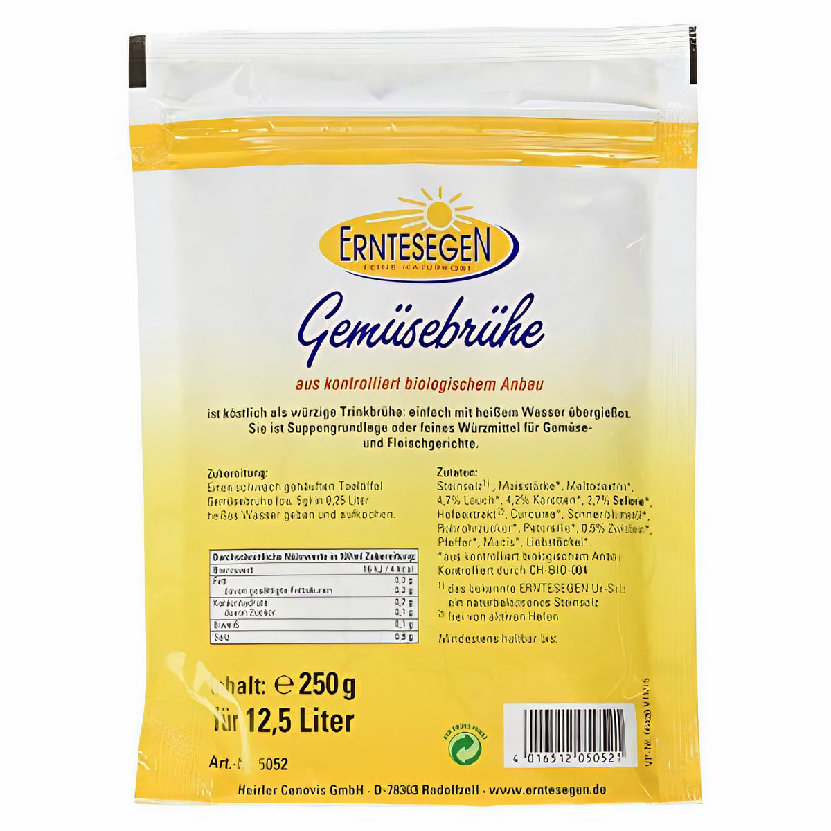 Rückseite der Erntesegen Gemüsebrühe Packung mit Zutatenliste, Nährwerttabelle und Zubereitungshinweisen für Brühe und Fond.
