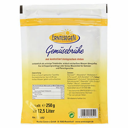 Rückseite der Erntesegen Gemüsebrühe Packung mit Zutatenliste, Nährwerttabelle und Zubereitungshinweisen für Brühe und Fond.