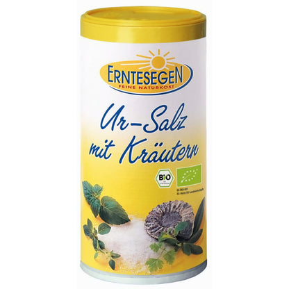 Salzstreuer von Erntesegen mit gelbem Deckel, Aufdruck Bio- und EU-Logo sowie Kräutern und Salz auf der Vorderseite.