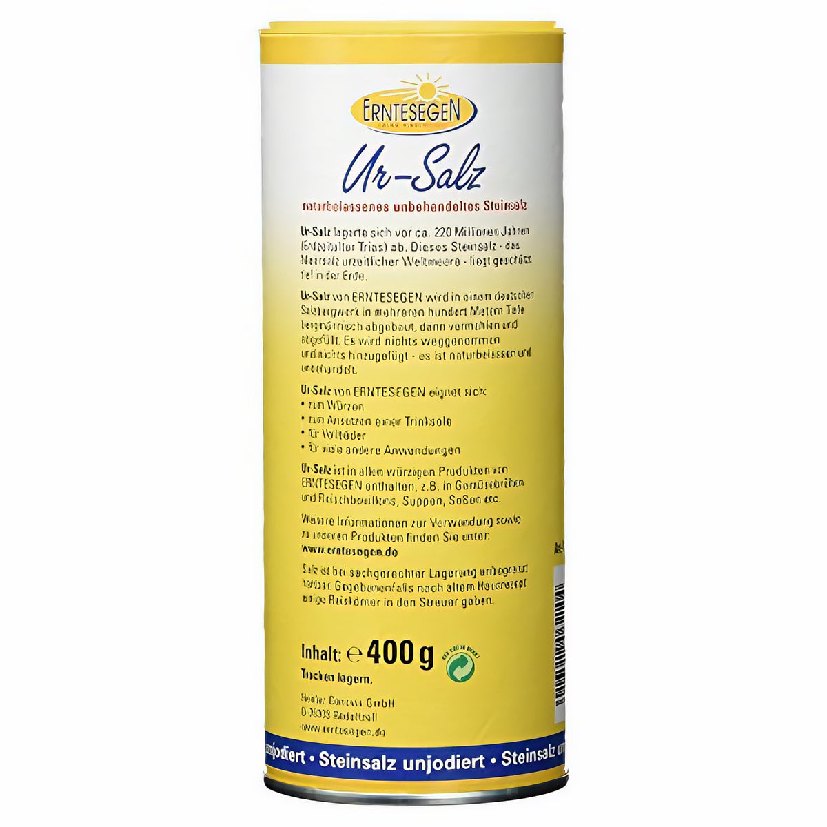 Rückseite der Erntesegen Ursalz Dose mit ausführlicher Produktbeschreibung und Angaben zu Inhalt und Verwendungsmöglichkeiten.