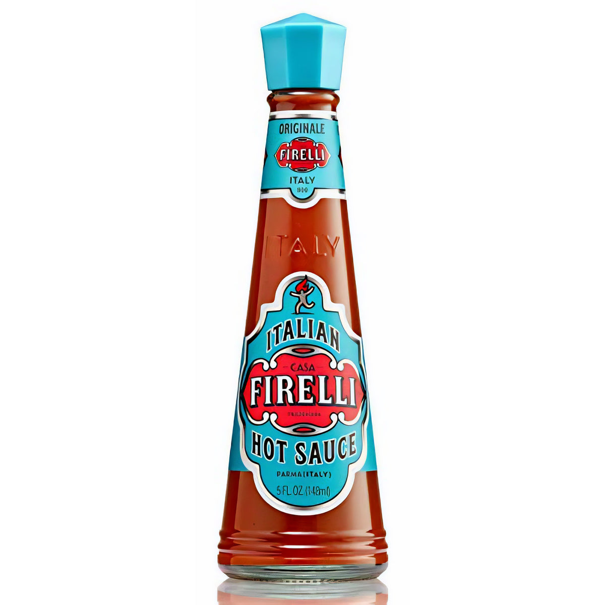 Casa Firelli italienische Hot Sauce in Glasflasche mit blauem Deckel, 148ml, frontal vor weißem Hintergrund.