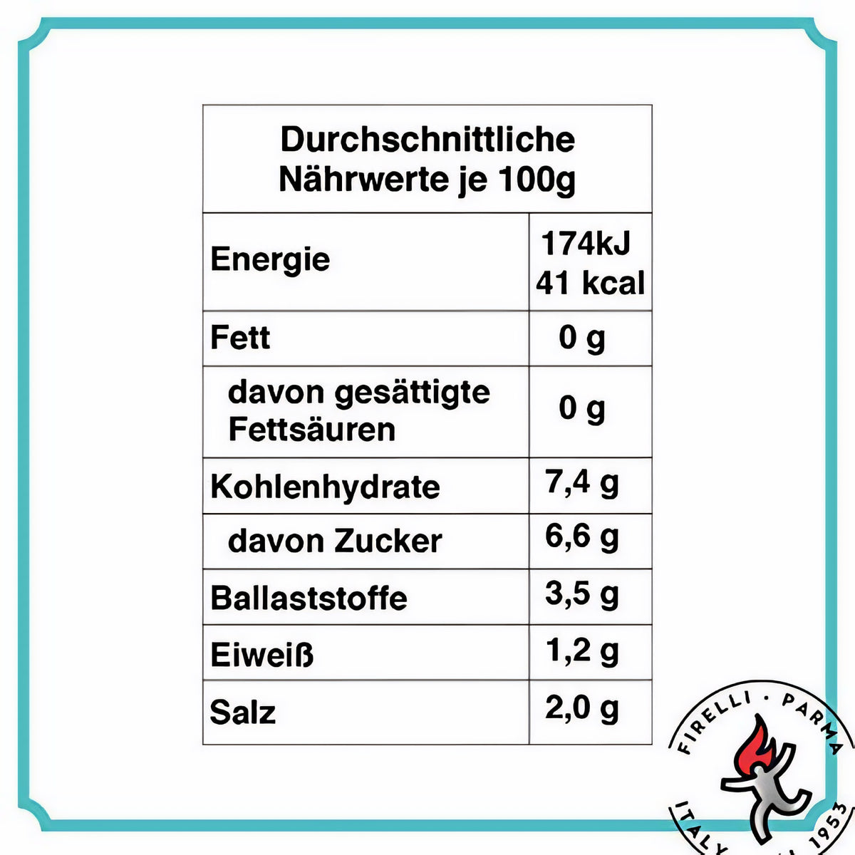 Nährwerttabelle der Firelli Sauce mit Angaben zu Energie, Fett, Kohlenhydraten, Ballaststoffen, Eiweiß und Salz je 100g.
