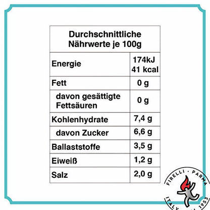 Nährwerttabelle der Firelli Sauce mit Angaben zu Energie, Fett, Kohlenhydraten, Ballaststoffen, Eiweiß und Salz je 100g.
