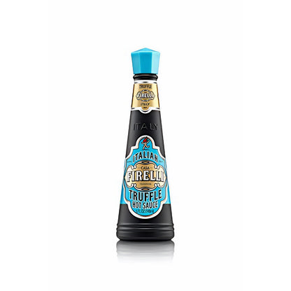 Casa Firelli Italian Truffle Hot Sauce 148ml als einzelne Flasche mit blauem Deckel und Etikett, frontal auf weißem Hintergrund stehend.