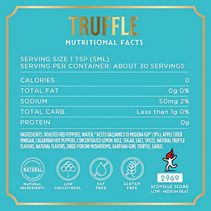 Nährwerttabelle und Zutatenliste der Casa Firelli Truffle Sauce auf türkisfarbenem Hintergrund mit Symbolen für natürliche Zutaten.