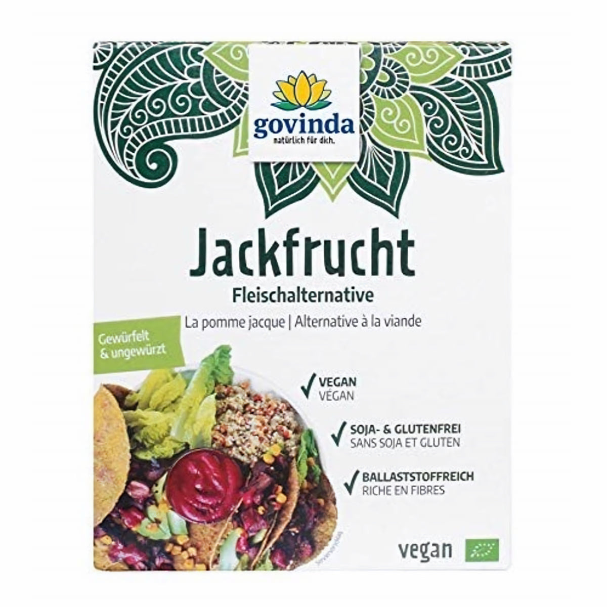 Govinda Bio Jackfrucht Fruchtfleisch Würfel in Verpackung mit floralem Muster und sichtbaren Produktinformationen, unten ein Gericht mit Jackfrucht und Gemüse.