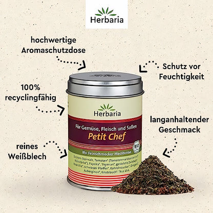Herbaria Petit Chef Dose mit mediterraner Gewürzmischung, daneben Gewürzhaufen, umgeben von erklärenden Texten zu Verpackung und Qualität.