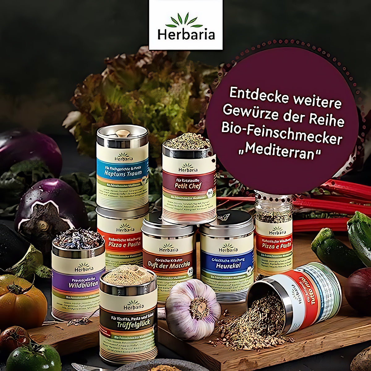 Verschiedene Herbaria Gewürzdosen, darunter Petit Chef, arrangiert mit frischem Gemüse und Kräutern auf einem dunklen Untergrund.