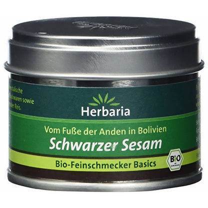 Herbaria Dose mit grünem Etikett, Aufschrift schwarzer Sesam Bio-Feinschmecker Basics, Vorderseite sichtbar.