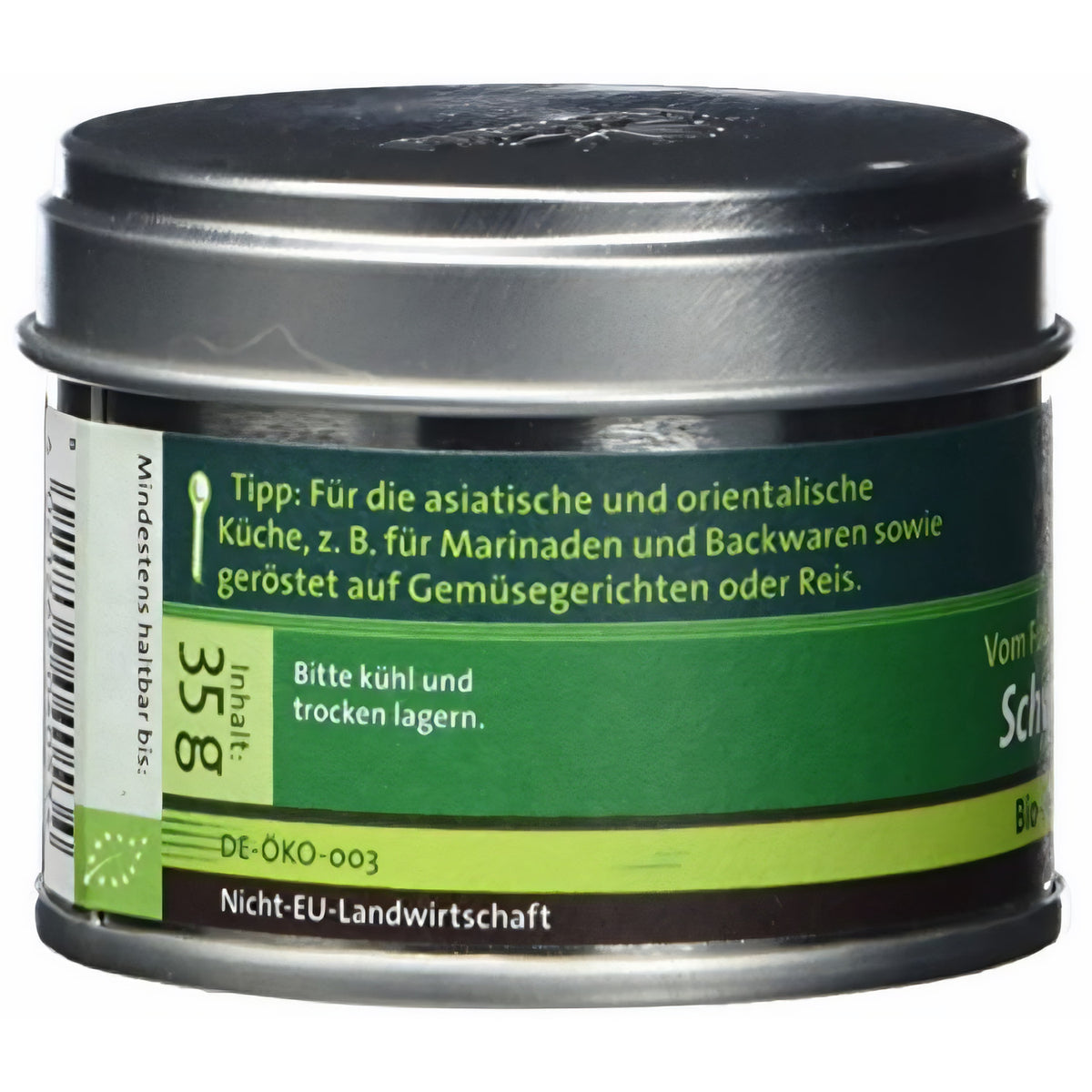 Seitenansicht der Herbaria Dose, sichtbare Hinweise zur Verwendung von schwarzem Sesam und Lagerung, Füllmenge 35 g.