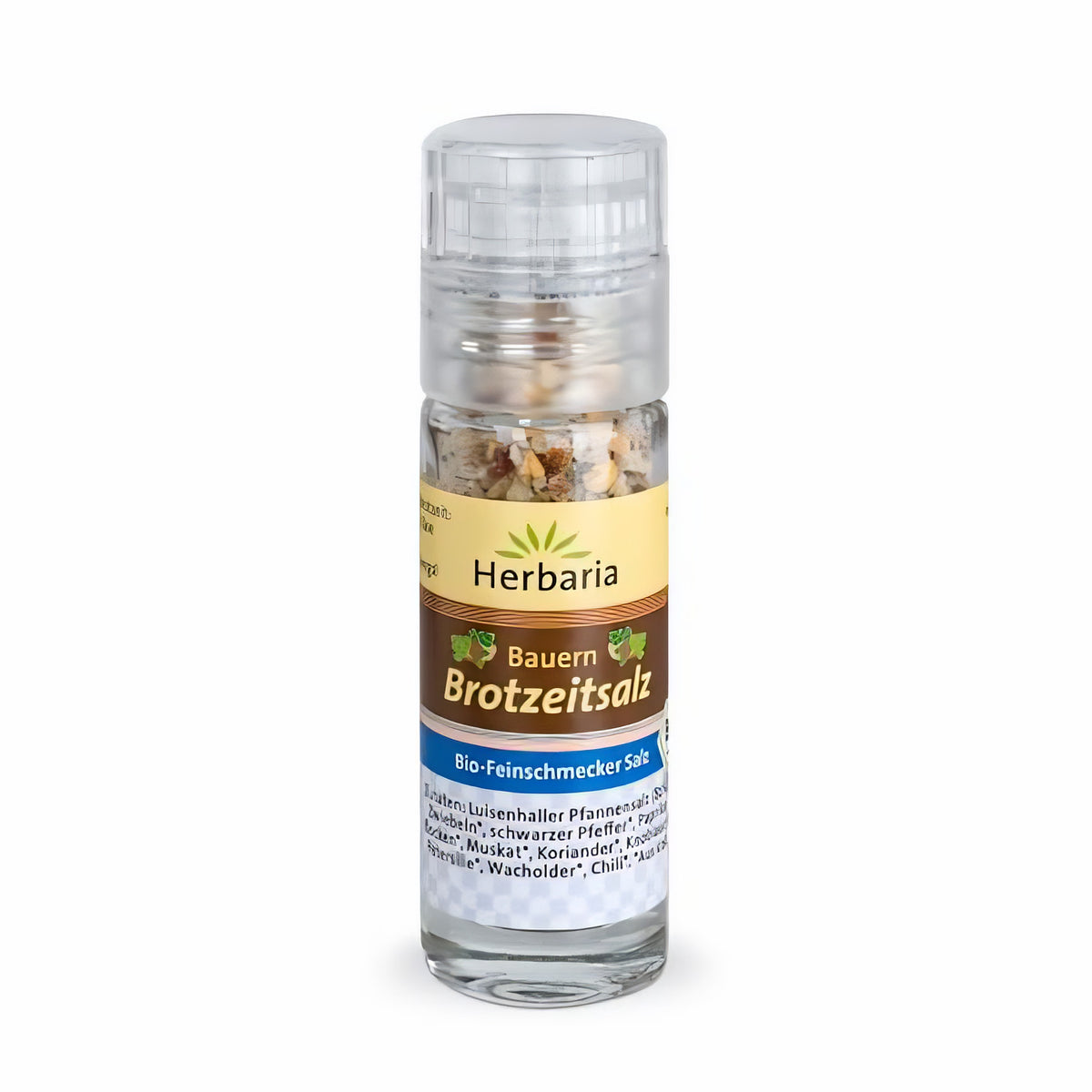 Herbaria Bauern Brotzeitsalz Mini-Mühle mit transparentem Kunststoffmahlwerk und Glaskorpus, gefüllt mit grober Bio-Gewürzmischung.