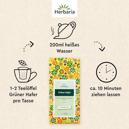 Herbaria Grüner Hafer Tee in bunter Verpackung, darunter Zubereitungshinweise mit Symbolen für Tasse, Wasser und Ziehzeit auf hellem Hintergrund.