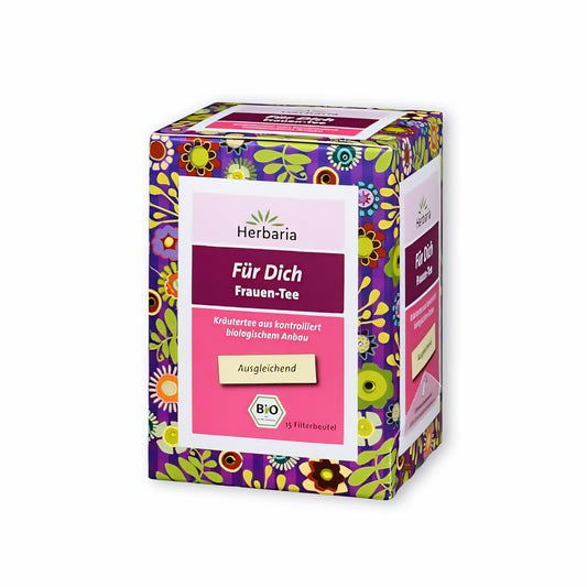 Herbaria Für Dich Frauen-Tee 15FB in bunter Verpackung mit Blumenmuster, Vorderseite mit Produktinformationen und Bio-Siegel sichtbar.