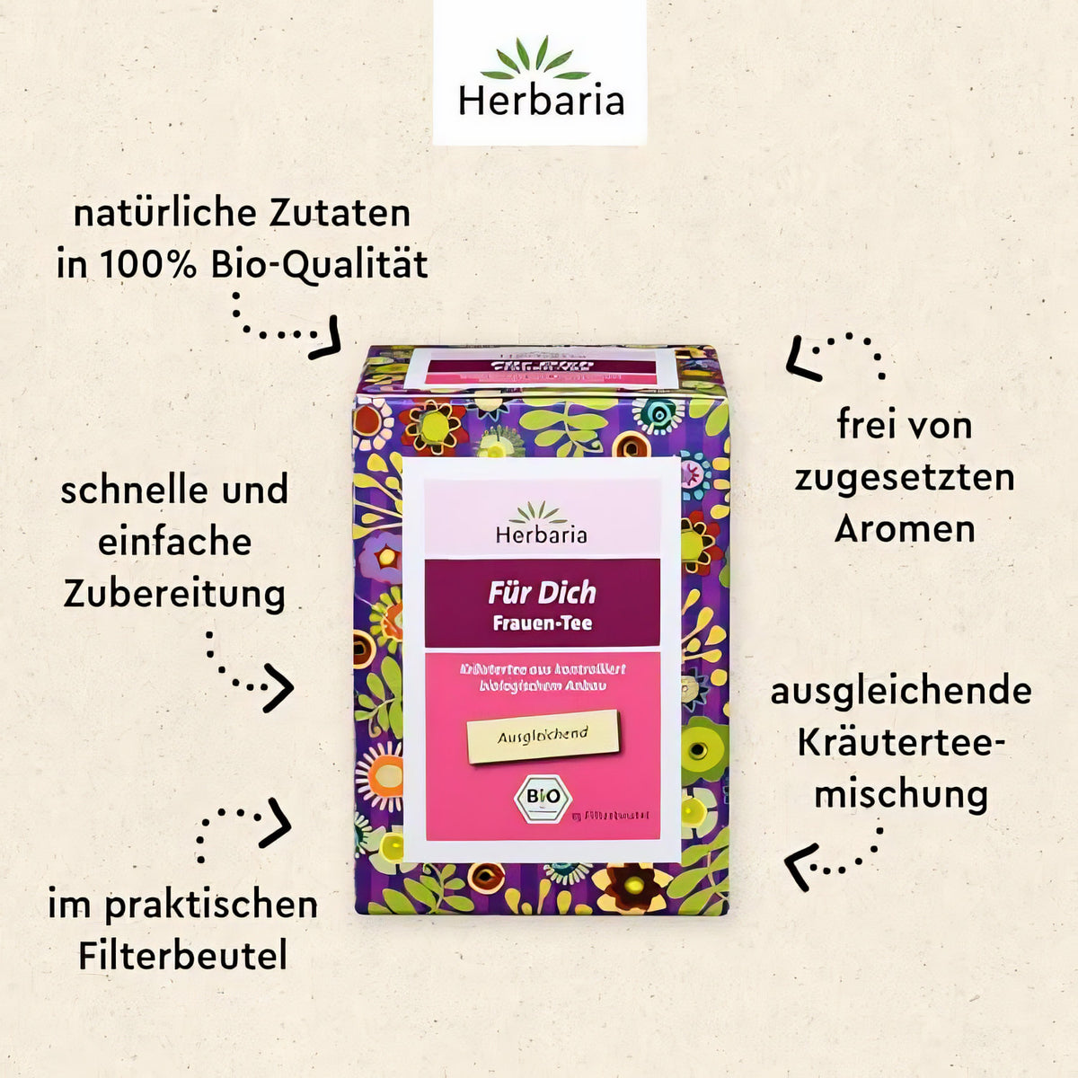 Herbaria Für Dich Frauen-Kräutertee 15FB in Filterbeuteln, Verpackung von vorne mit erklärenden Texten zu Bio-Qualität und Zubereitung auf beigem Hintergrund.