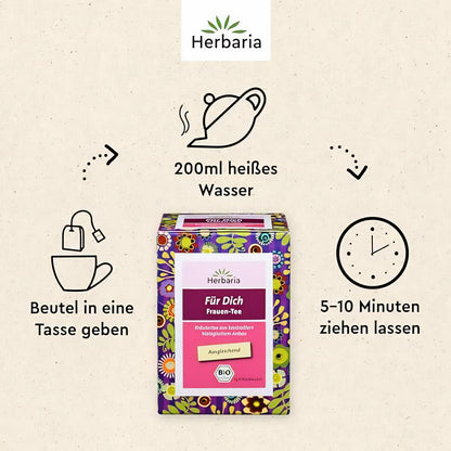 Herbaria Für Dich Frauen-Tee 15FB, Verpackung von vorne, daneben Symbole und Anleitung zur Zubereitung mit Filterbeutel, heißem Wasser und Ziehzeit.