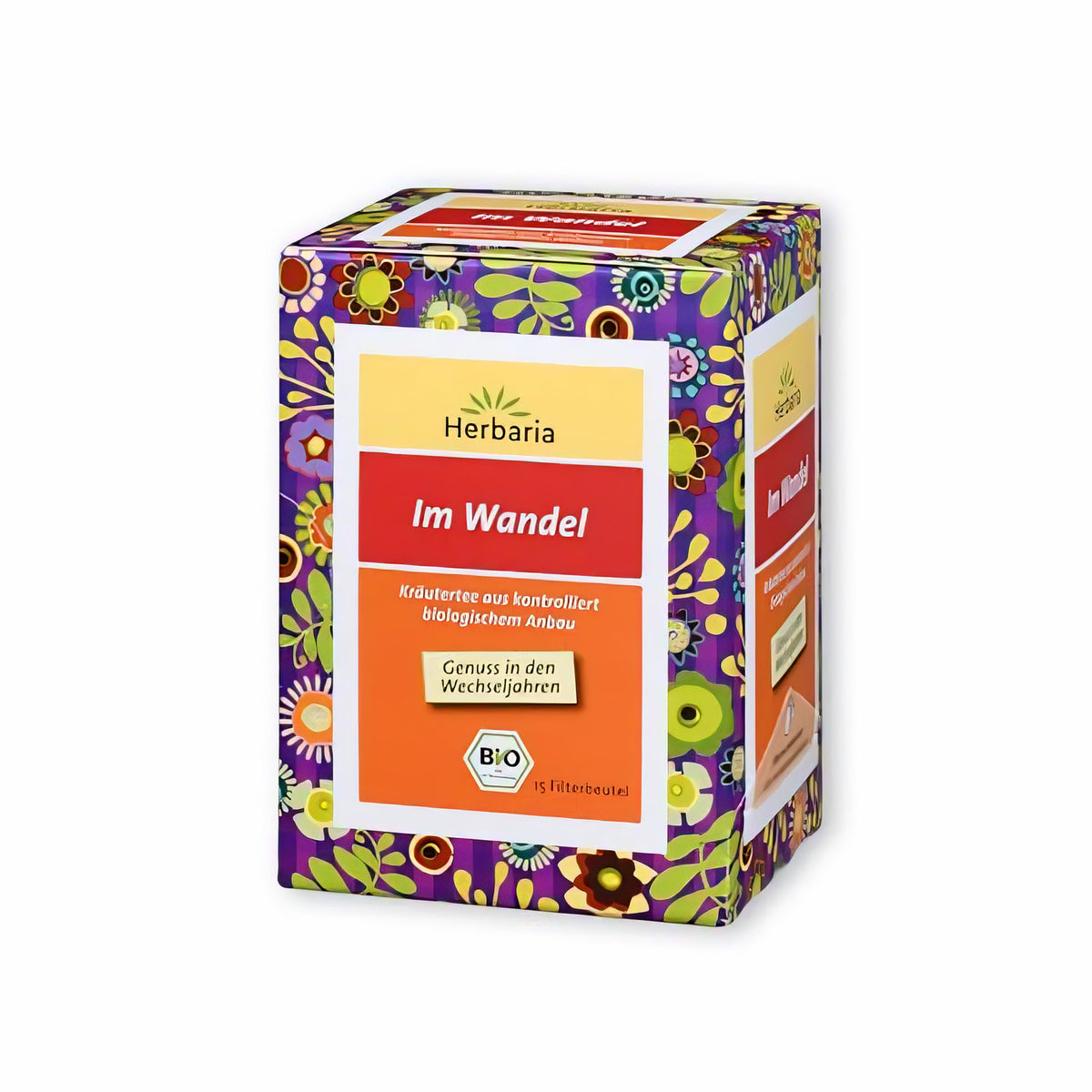 Herbaria Im Wandel Kräutertee 15FB in bunter, floral gestalteter Verpackung, Vorderseite mit Produktinformationen und Bio-Siegel sichtbar.