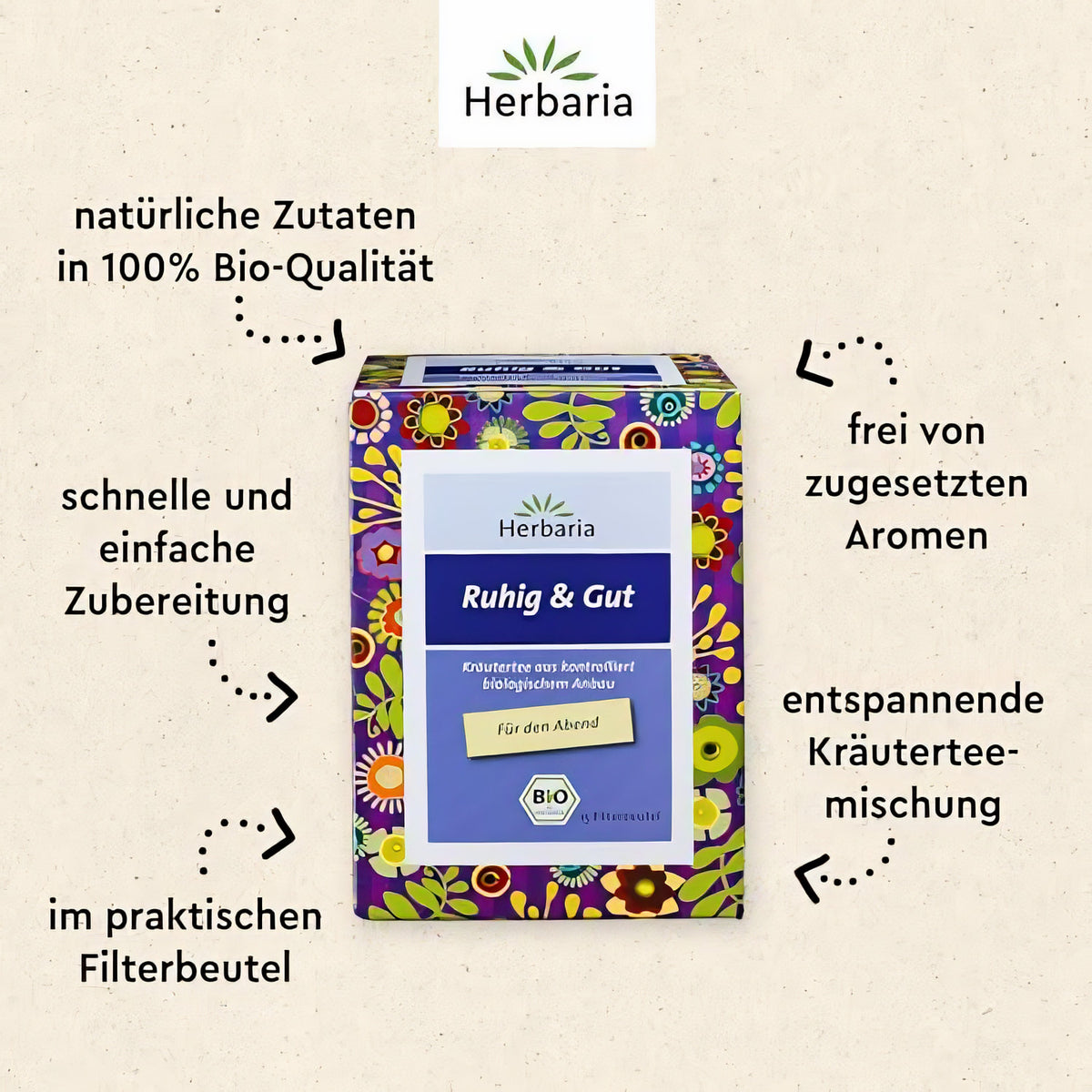 Herbaria Ruhig & Gut Kräutertee Filterbeutel, Verpackung von vorne, umgeben von erklärenden Texten zu Bio-Qualität und Zubereitung.