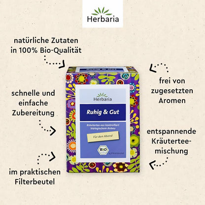Herbaria Ruhig & Gut Kräutertee Filterbeutel, Verpackung von vorne, umgeben von erklärenden Texten zu Bio-Qualität und Zubereitung.