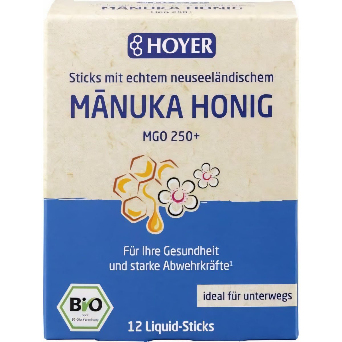 Vorderseite der HOYER Manuka Honig Liquid-Sticks Packung mit Bio-Siegel und Abbildung von Honigwaben und Blüten.