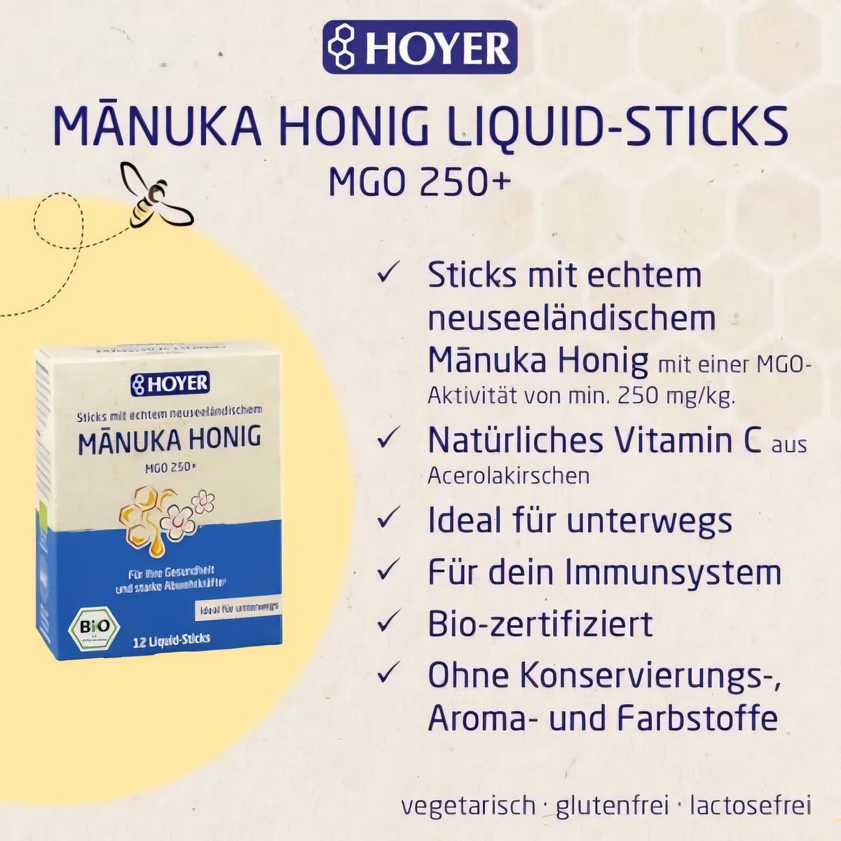 HOYER Manuka Honig Liquid-Sticks Packung links unten, daneben stichpunktartige Produktinformationen auf hellem Hintergrund.