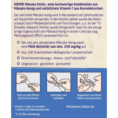 Rückseite der HOYER Manuka Honig Liquid-Sticks mit Anwendungshinweisen, Produktbeschreibung und Illustrationen zur Nutzung der Sticks.