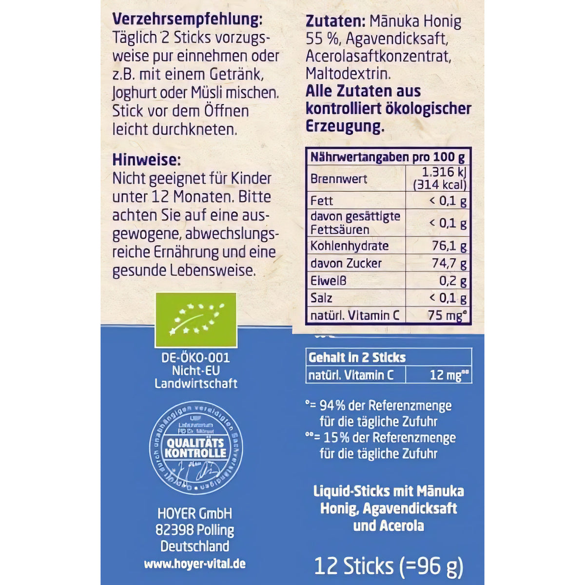 Nährwerttabelle, Zutatenliste und Verzehrempfehlung auf der Rückseite der HOYER Manuka Honig Liquid-Sticks Packung.